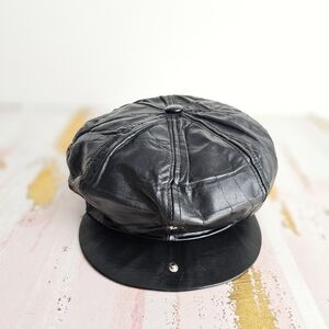 Black Leather Newsboy Cap